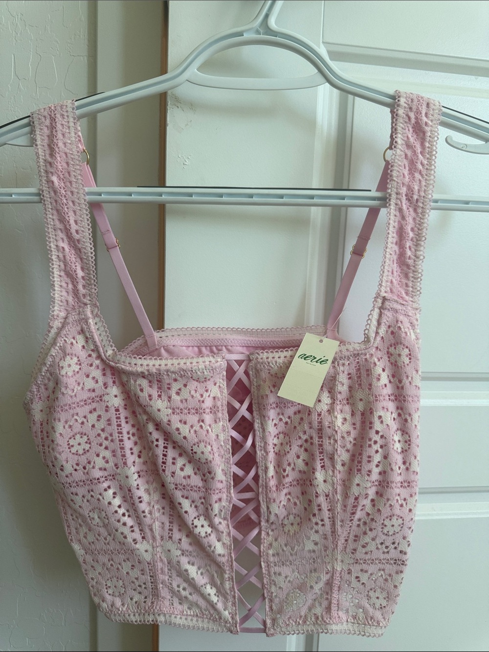 aerie Light Pink Crochet Lace-Up Bustier Top